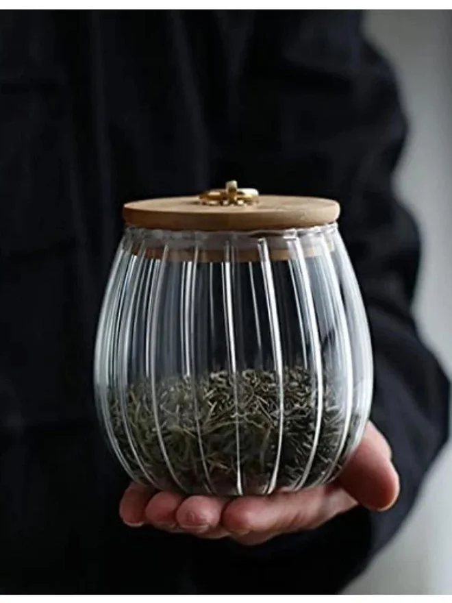 1Chase 1CHASE 2-Piece Borosilicate Glass Storage Jar With Airtight Bamboo Lid and Metal Handle 700ML Oval